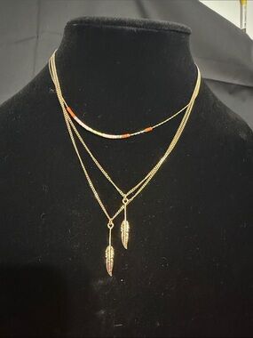 Gold Layered Feather Necklace with Orange Accent